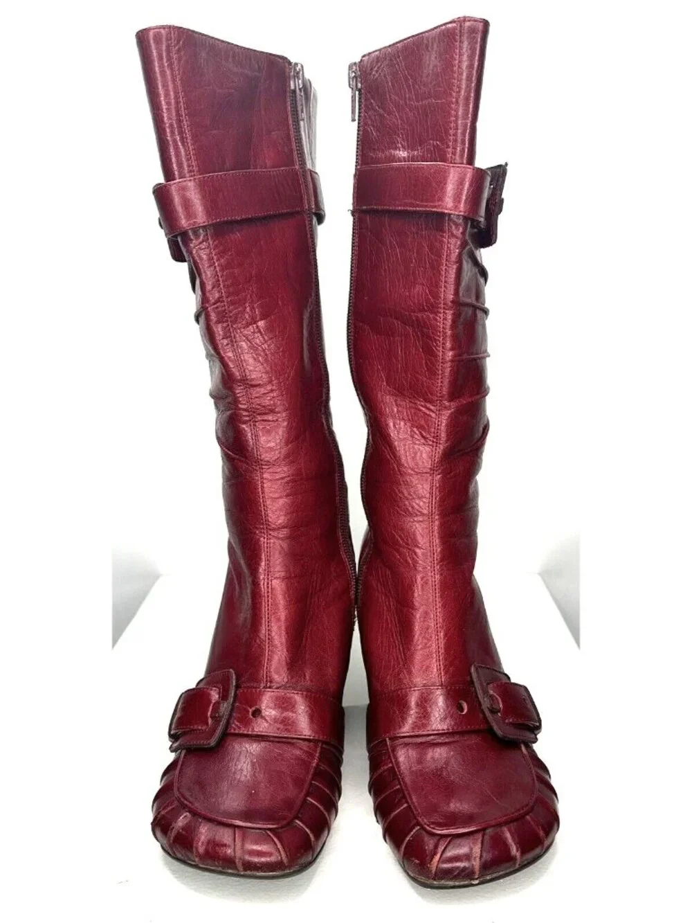 Miz Mooz Broadway Red Leather Knee High Wedge Boots Womens 6 Zip Boho Witchy - Picture 2 of 13